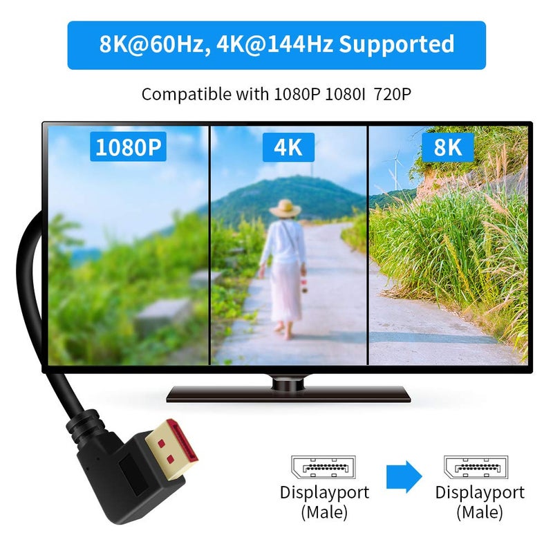 BolAAzuL 90 Degree Displayport 1.4 Adapter Cable, Right Angle Display Port Cable Left Angled 8K/60Hz, 4K/144Hz 6ft/1.8m Male/Male High Speed for SSUPD Meshlicious/Vertical Mounted GPU - Image 3